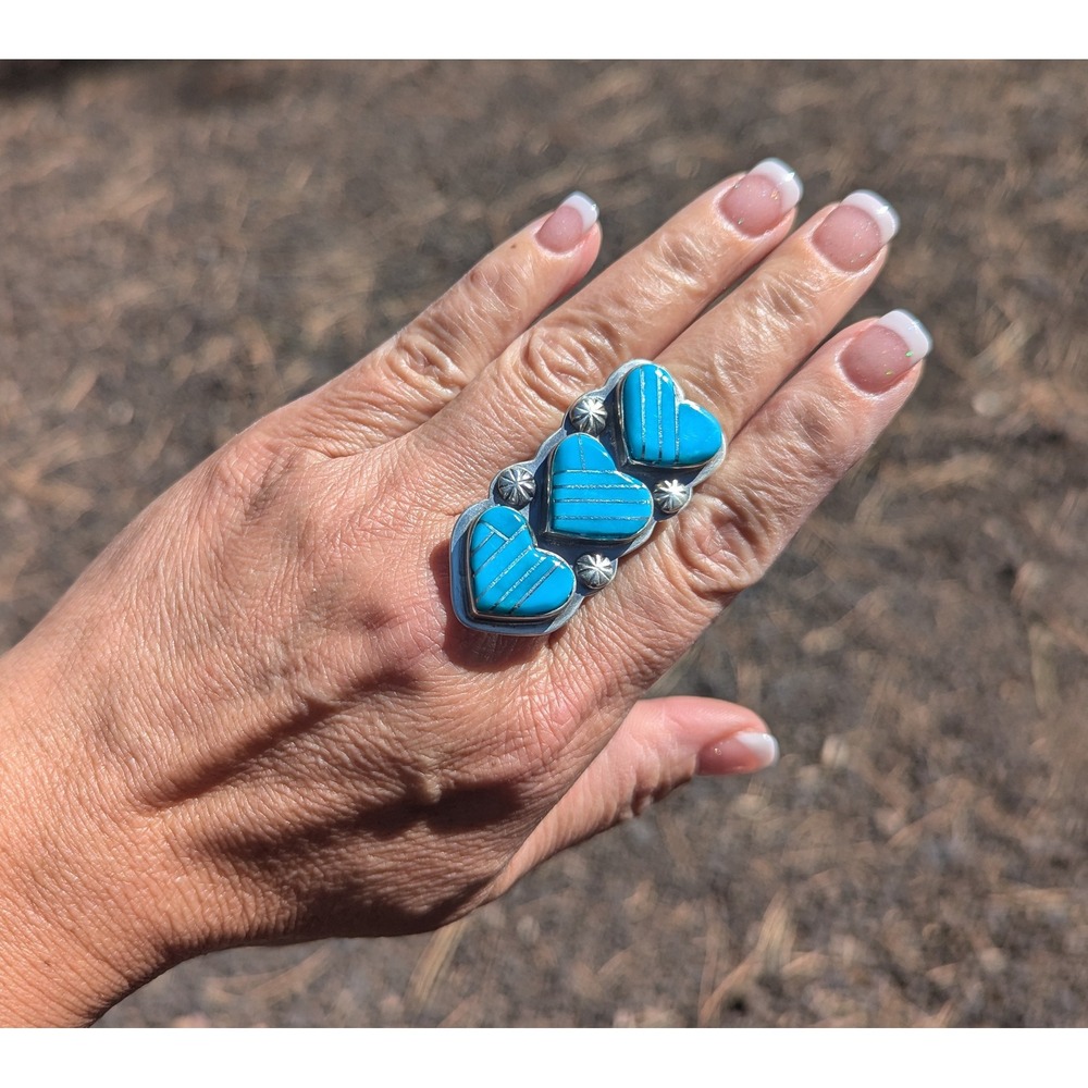 Navajo 3 Hearts Tier Drop Inlay Turquoise‎ Ring Native Am Jewelry Size 8.75US**